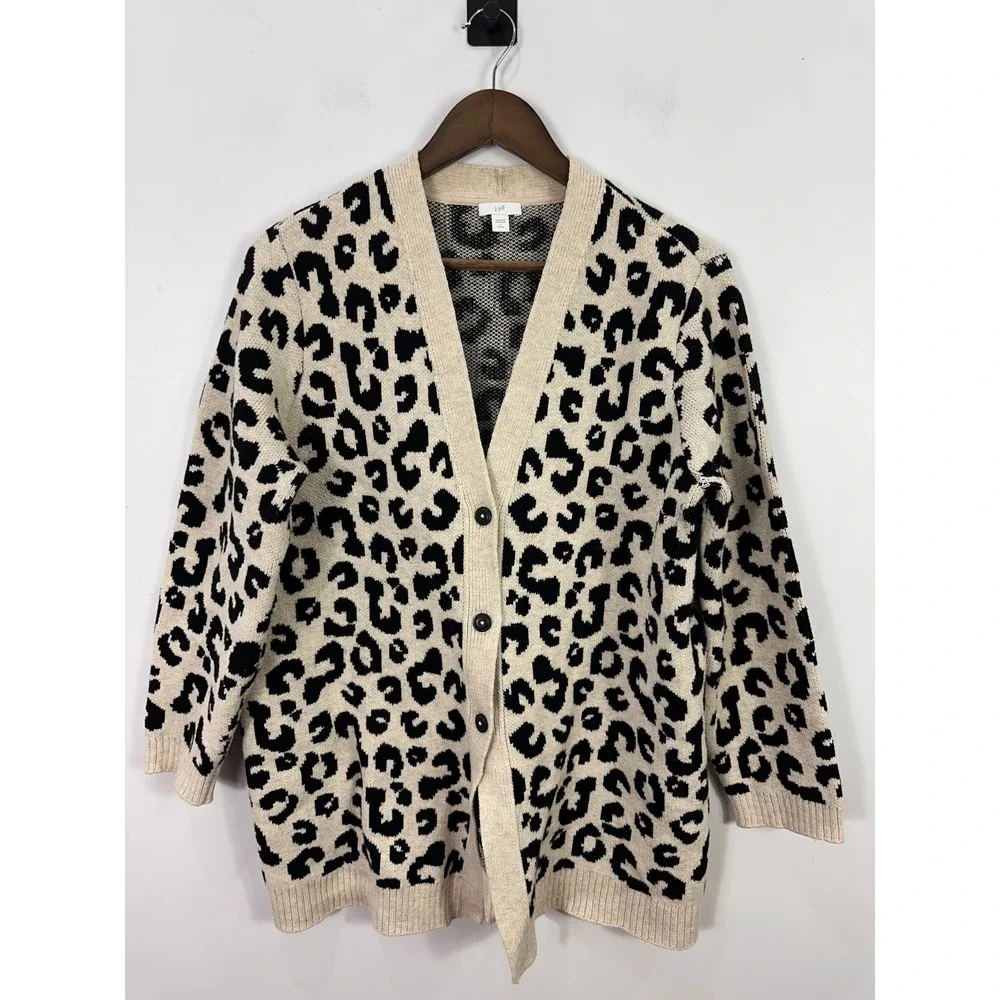 J. Jill Cardigan Sweater Womens LP Large Petite Leopard Print Button Front
